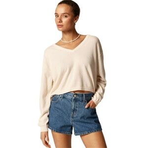 J. Crew Cashmere Relaxed Cropped V-Neck Sweater In Cream Heather Muslim Size S
